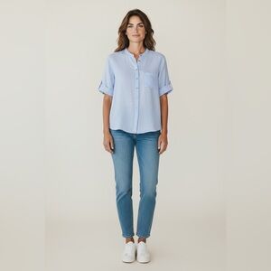 J. Jill Button Front Linen Blouse Blue Size Medium